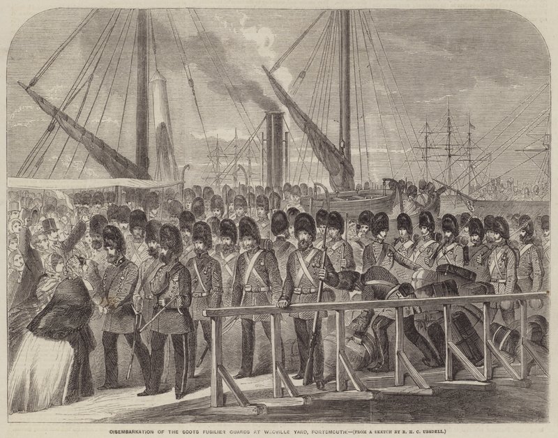 Ilandstigning av de skotske Fusilier-vaktene ved Weoville Yard, Portsmouth av Richard Ubsdell