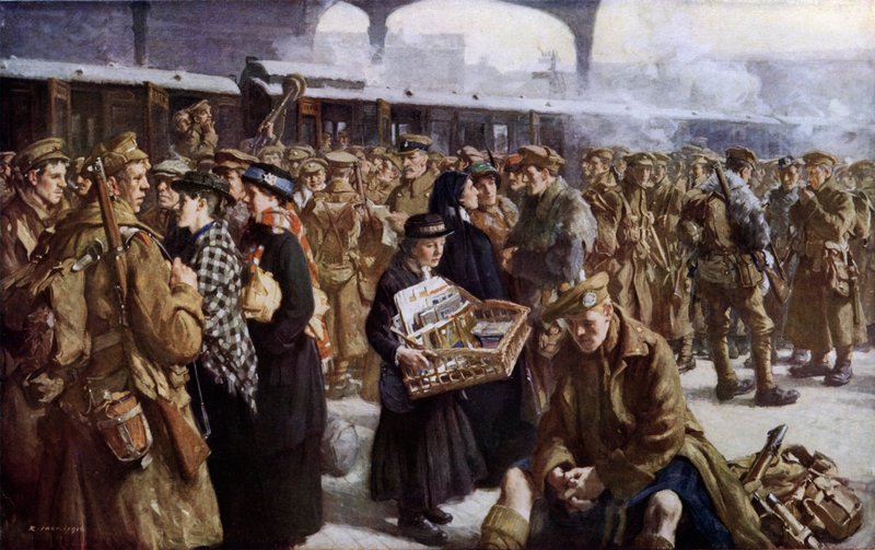 Victoria Station, WW1, drar til Frankrike (farge litho) av Richard (after) Jack