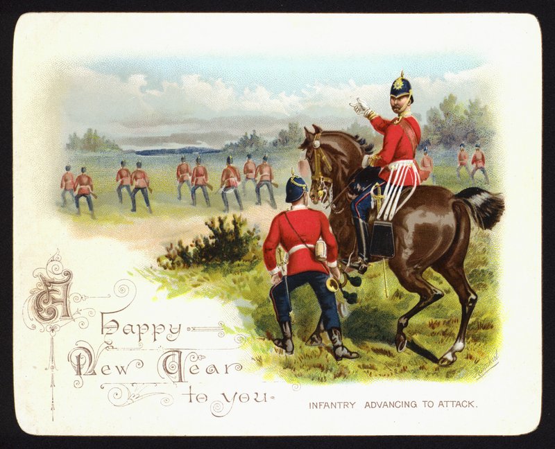 Infanteri går videre til angrep, nyttårshilsen (chromolitho) av Richard (after) Simkin
