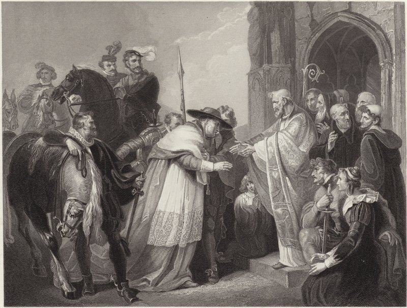 Kardinal Wolsey ved Leicester Abbey (gravering) av Richard (after) Westall