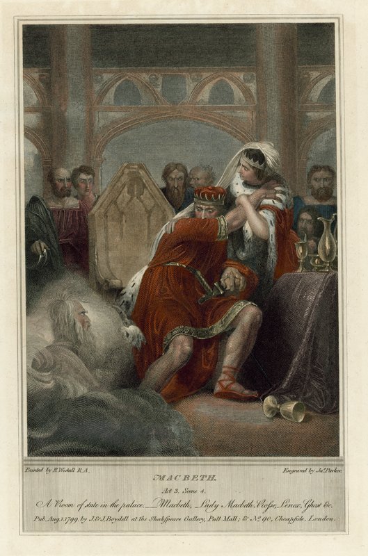 Illustrasjon for Shakespeares Macbeth, Act III, Scene 4 (farget gravering) av Richard (after) Westall