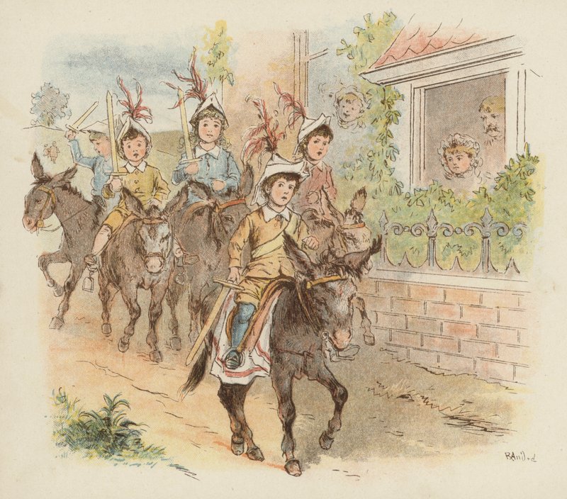 Barn på esler for å leke krig (farge litho) av Richard Andre