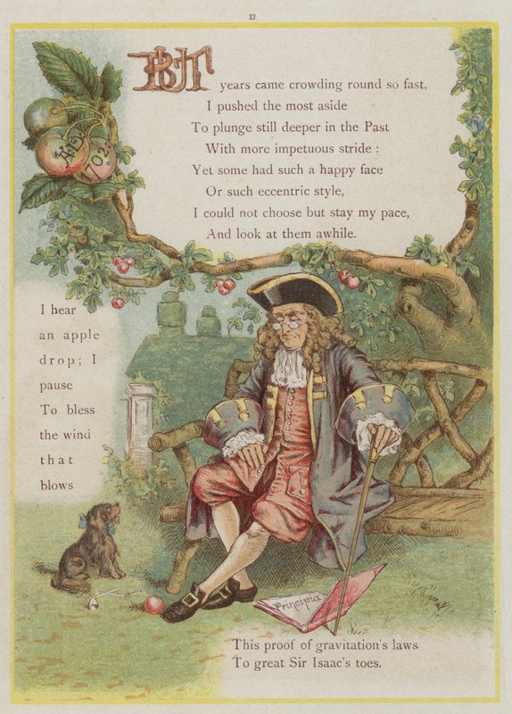 Side fra Upstream av Richard Andre, Isaac Newton og tyngdekraften (farge litho) av Richard Andre