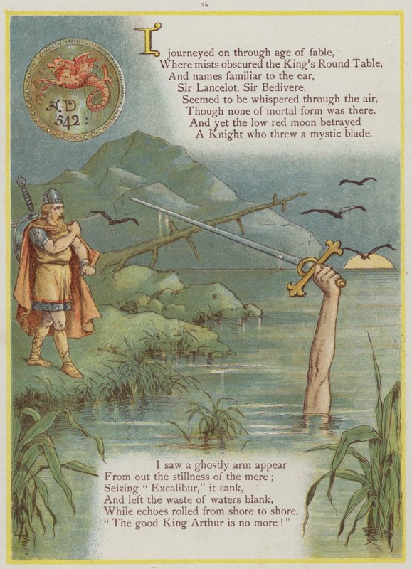 Side fra Upstream av Richard Andre, King Arthur og Excalibur (farge litho) av Richard Andre