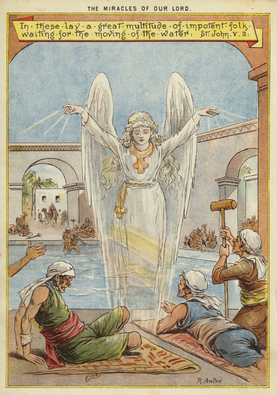 Kristi mirakler: syke mennesker som venter på flytting av vannet av en engel (chromolitho) av Richard Andre
