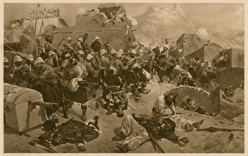 92nd Highlanders og 2nd Gurkhas stormer Gundi Mulla Sahibdad under slaget ved Kandahar, Afghanistan, andre anglo-afghanske krig av Richard Caton II (after) Woodville