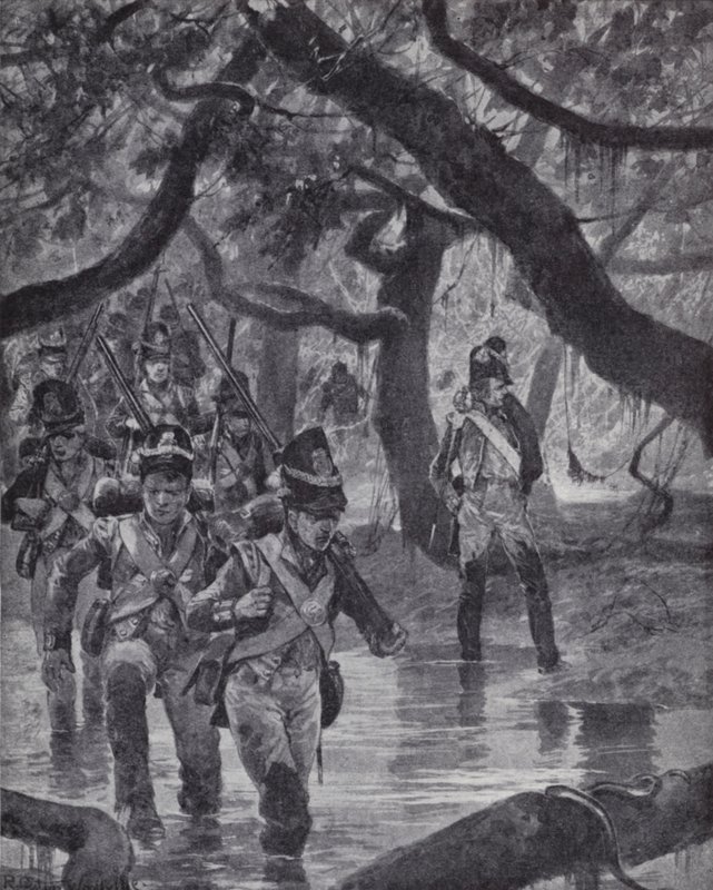 Britiske soldater krysser sumpene ved elven Essequibo i Britisk Guyana av Richard Caton II (after) Woodville