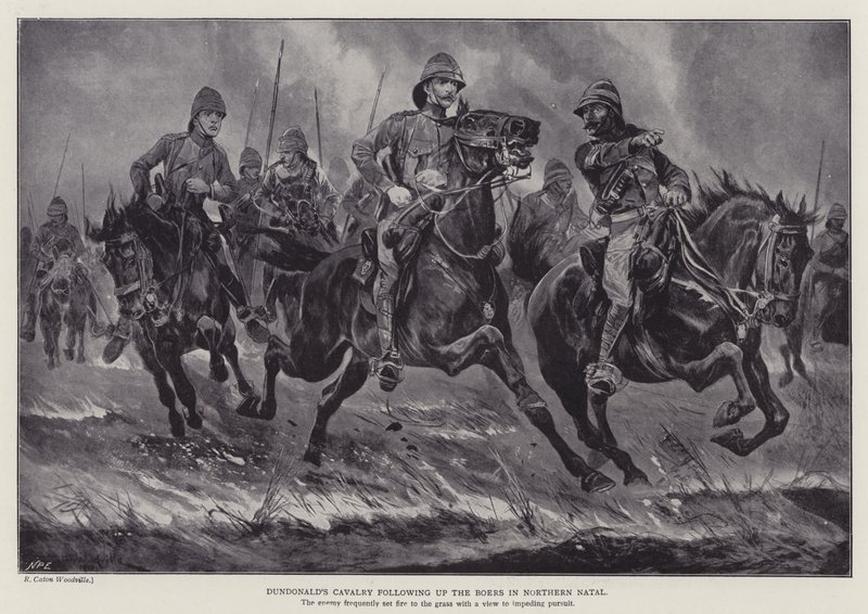 Dundonalds kavaleri følger opp boerne i Nord-Natal (litho) av Richard Caton II (after) Woodville