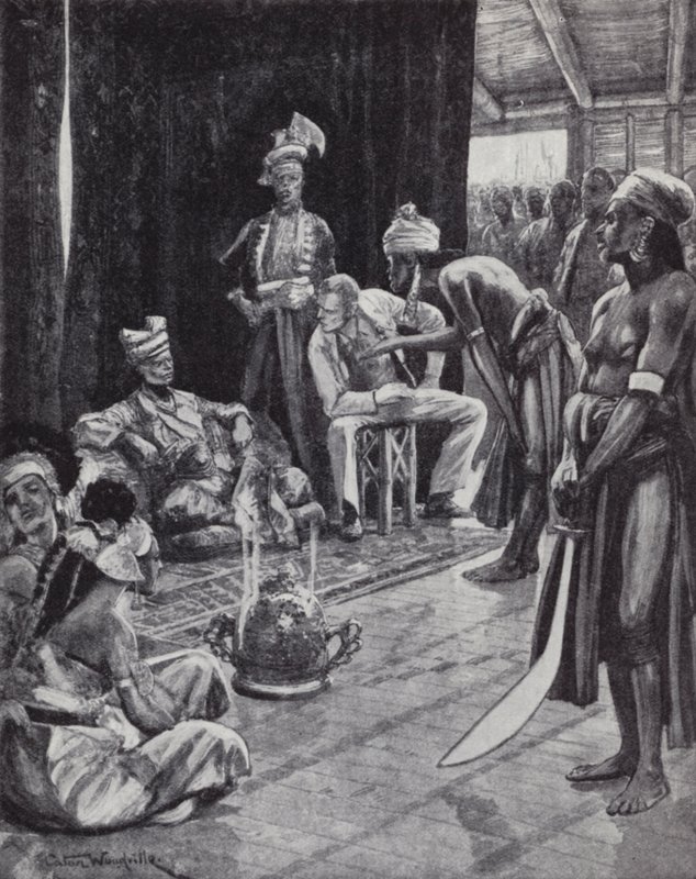 Sir James Brooke forhandler om en traktat med sultanen av Brunei for å etablere en britisk koloni på Borneo av Richard Caton II (after) Woodville