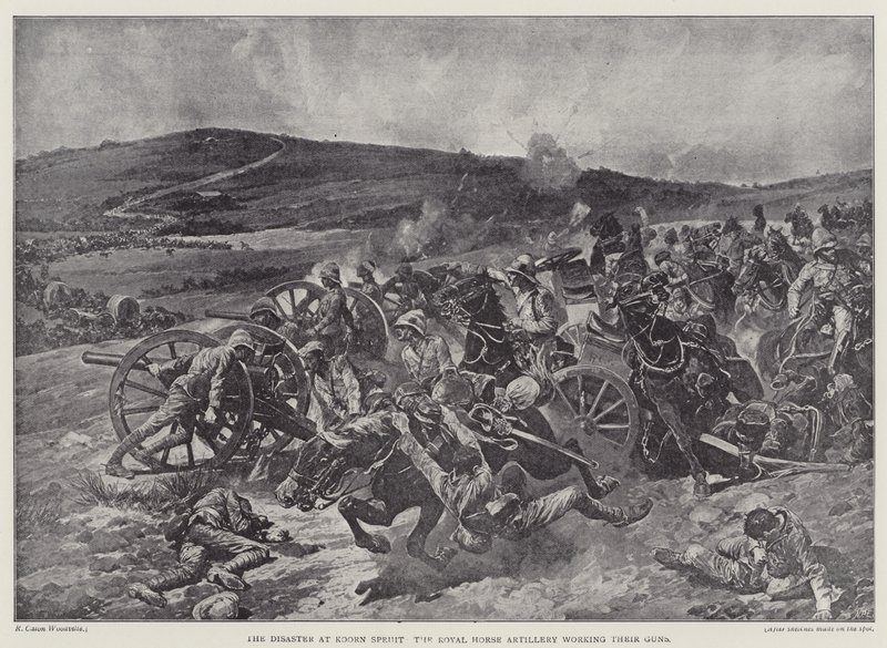 Katastrofen ved Koorn Spruit, Royal Horse Artillery arbeider med våpnene sine (litho) av Richard Caton II (after) Woodville