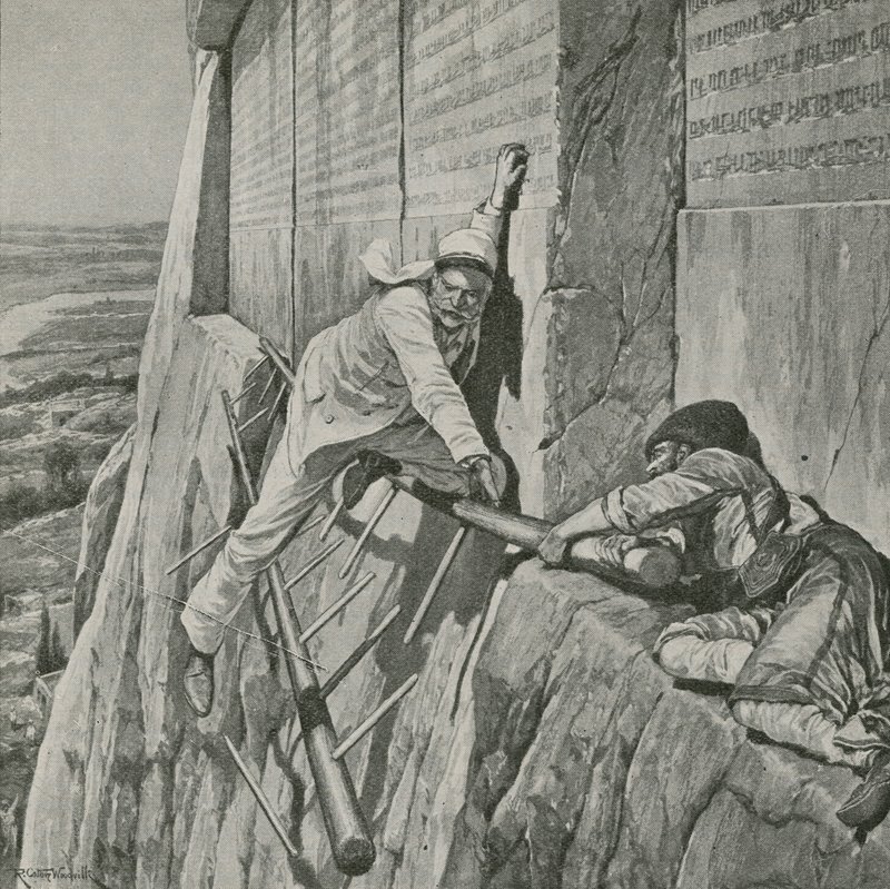 En smal flukt for Sir Henry Rawlinson ved Rock of Behistun av Richard Caton Woodville junior