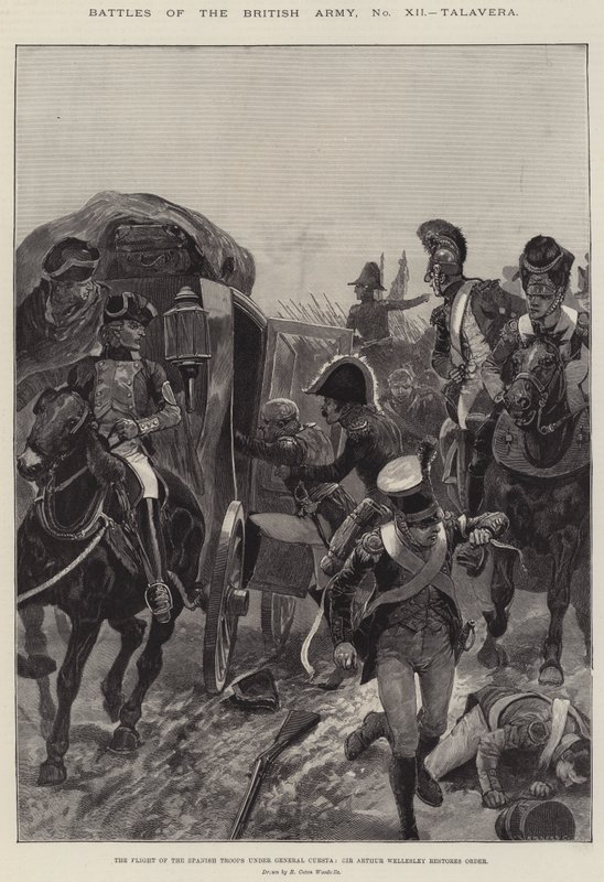 Slaget om den britiske hæren, Talavera, flukten til de spanske troppene under general Cuesta, Sir Arthur Wellesley gjenoppretter orden av Richard Caton Woodville junior