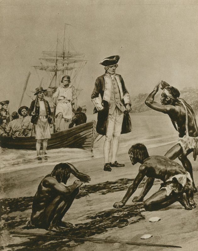 Hvordan Captain Cook ble ønsket velkommen i Tasmania (gravyr) av Richard Caton Woodville junior