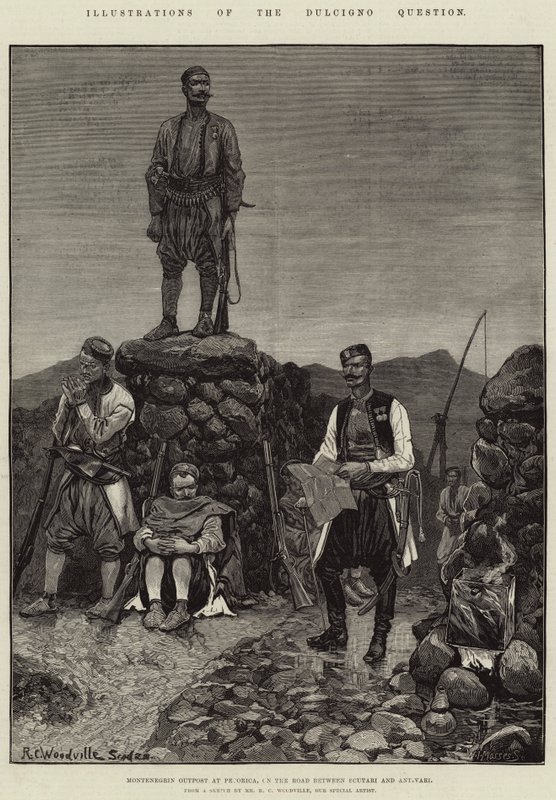 Illustrasjoner av Dulcigno-spørsmålet, montenegrinsk utpost ved Pecorica, på veien mellom Scutari og Antivari av Richard Caton Woodville junior