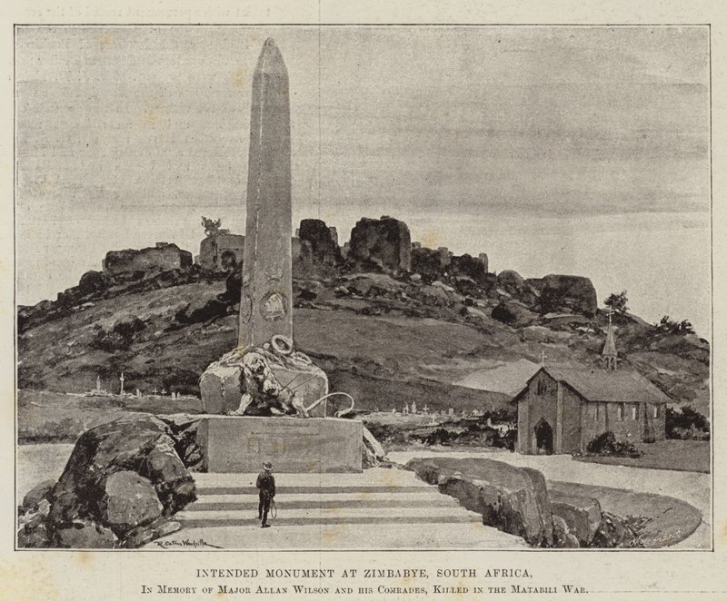 Tiltenkt monument i Zimbabye, Sør-Afrika, til minne om major Allan Wilson og hans kamerater, drept i Matabili-krigen av Richard Caton Woodville junior