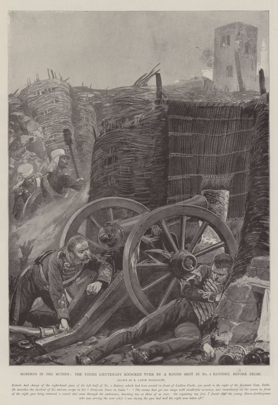 Roberts i mytteriet, den unge løytnanten veltet av et runde skudd i batteri nr. 2, før Delhi av Richard Caton Woodville junior