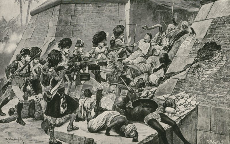 De britiske troppene stormer Seringapatam, hovedstaden til Sultan Tipu av Richard Caton Woodville junior