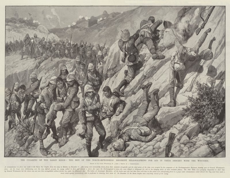 Ryddingen av Saran Ridge, mennene fra Northamptonshire Regiment heliograferer for hjelp i deres nedstigning med de sårede av Richard Caton Woodville junior
