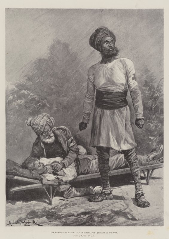 The Dangers of Mercy, indiske ambulansebærere under ild av Richard Caton Woodville junior