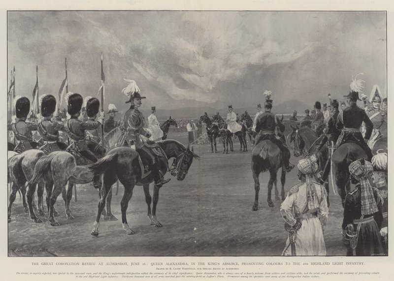 The Great Coronation Review på Aldershot, 16. juni, dronning Alexandra, i kongens fravær, og presenterte farger til det andre Highland Light Infantry av Richard Caton Woodville junior