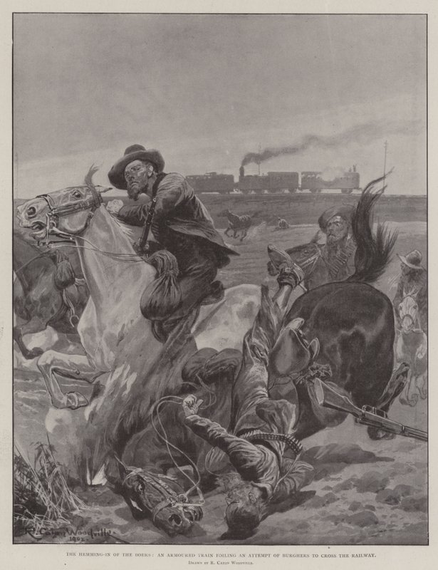 The Hemming-In of the Boers, et pansret tog som hindrer et forsøk fra borgere på å krysse jernbanen av Richard Caton Woodville junior