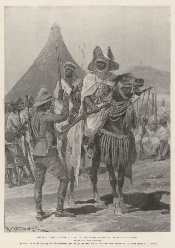 Fiendtlighetene i Nigeria, en britisk ekspedisjonsoffiser som intervjuer en sjef av Richard Caton Woodville junior