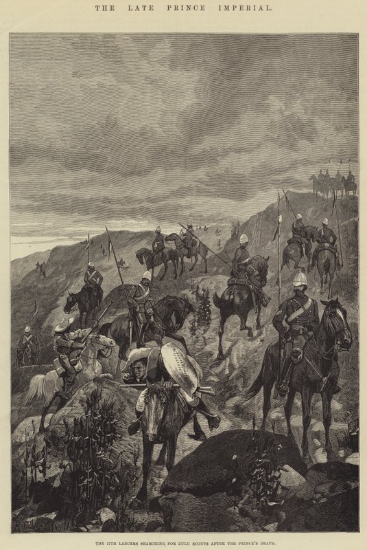 The Late Prince Imperial, den 17. Lancers søker etter Zulu-speidere etter prinsens død av Richard Caton Woodville junior