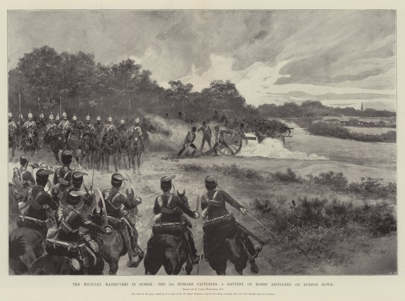 De militære manøvrene i Sussex, de tredje husarene som fanger et batteri med hesteartilleri på Burton Down av Richard Caton Woodville junior