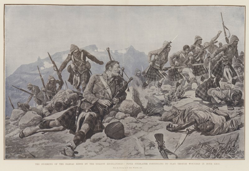 The Storming of the Dargai Ridge av Gordon Highlanders, Piper Findlater fortsetter å spille selv om han er såret i begge beina av Richard Caton Woodville junior
