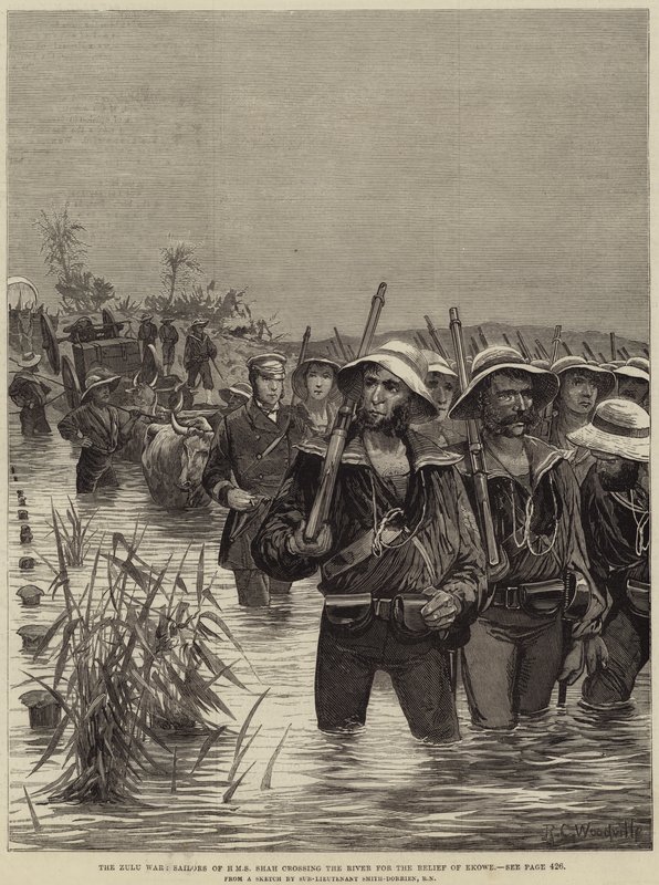 Zulu-krigen, sjømenn fra HMS Shah krysser elven for å hjelpe Ekowe av Richard Caton Woodville junior