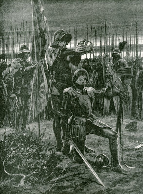 Den uformelle kroningen av Henry VII av Lord Stanley på slagmarken i Bosworth, 22. august 1485 av Richard Caton Woodville junior