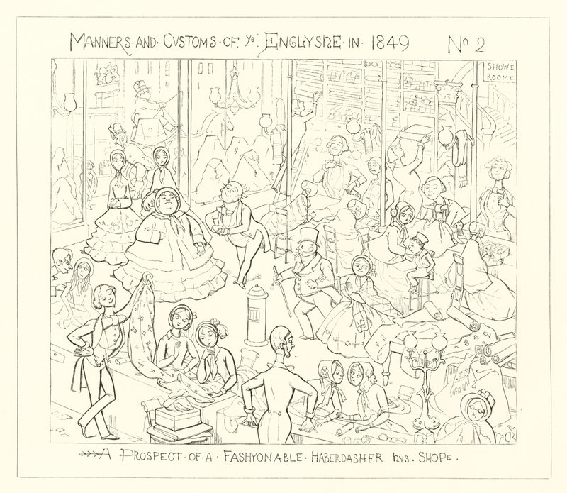 1849, et utsikter til en fasjonabel sybeholderbutikk av Richard Doyle