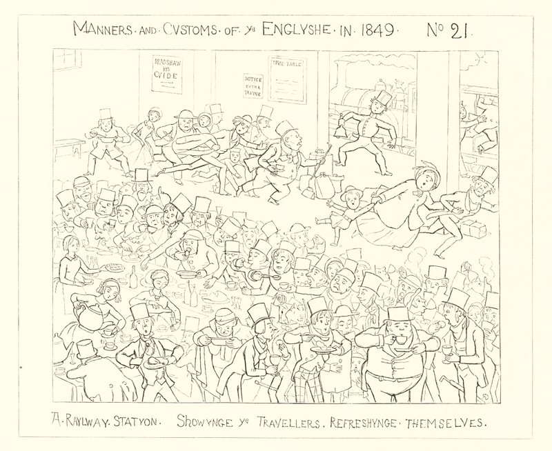 1849, En jernbanestasjon som viser de reisende forfriskende av Richard Doyle