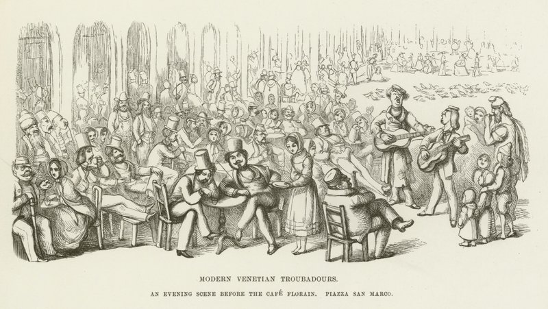 Moderne venetianske trubadurer, en kveldsscene før Cafe Florrain, Piazza San Marco av Richard Doyle