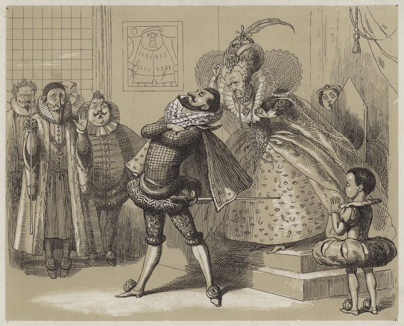 Slående scene mellom dronning Elizabeth og hennes favoritt Essex (akvatint) av Richard Doyle