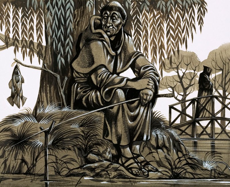 En glad munk som lander en for gryten (gouache på papir) av Richard Hook