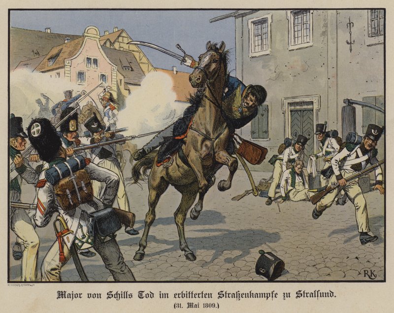 Major von Schills død i et gateslag i Stralsund, 31. mai 1809 (farge litho) av Richard Knotel