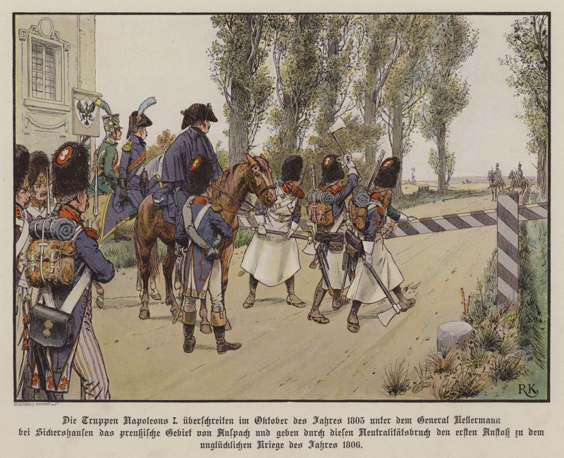 Franske tropper under kommando av general Kellermann krysser grensen til prøyssisk territorium ved Sickershausen, oktober 1805 (farge litho) av Richard Knotel