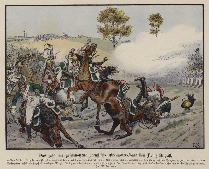 Grenaderbataljonen til prins Augustus av Preussen i slaget ved Prenzlau, 28. oktober 1806 (fargebilde) av Richard Knotel