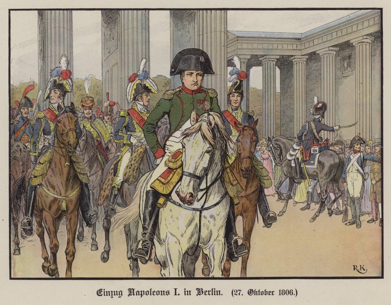 Napoleon kommer inn i Berlin, 27. oktober 1806 (farge litho) av Richard Knotel