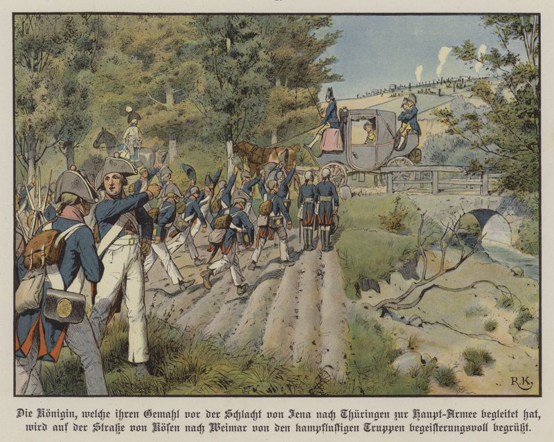 Prøyssiske soldater hilser på dronning Louise av Preussen når hun passerer dem på veien fra Kosen til Weimar (farge litho) av Richard Knotel