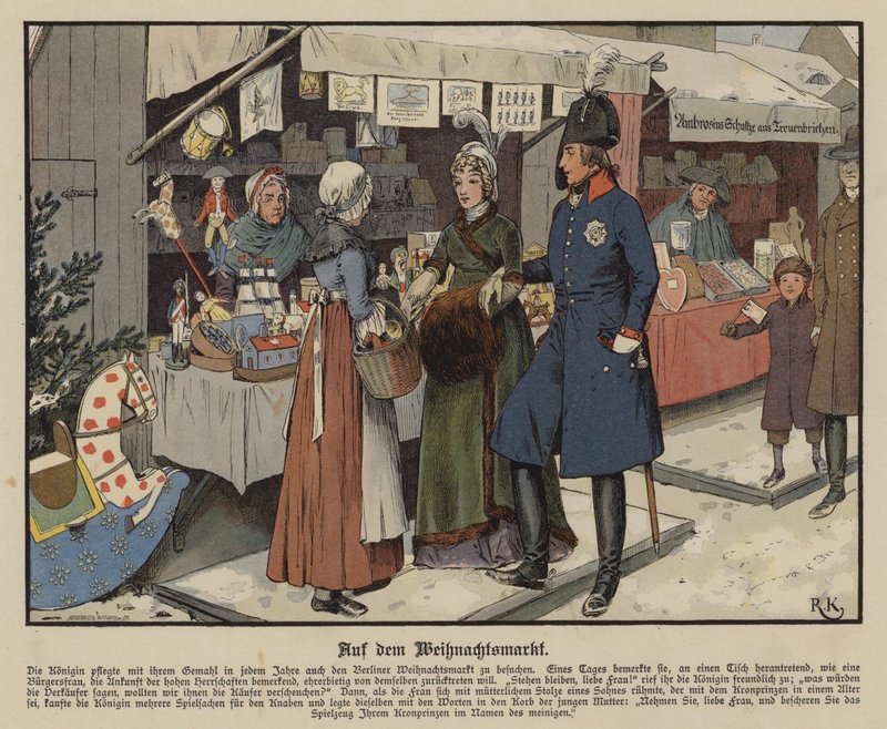 Dronning Louise av Preussen på julemarkedet i Berlin (farge litho) av Richard Knotel