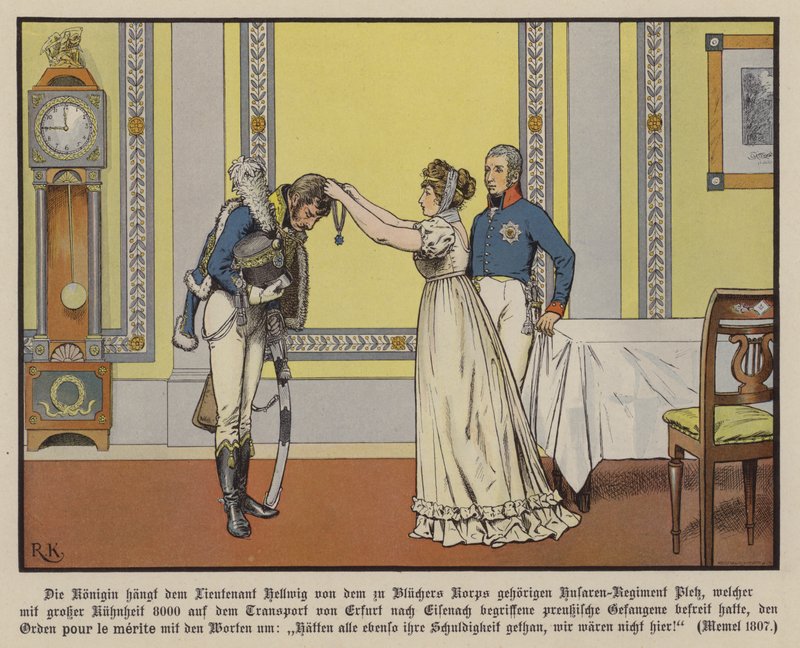 Dronning Louise av Preussen tildeler løytnant Hellwig ordenen Pour la Merite, Memel av Richard Knotel