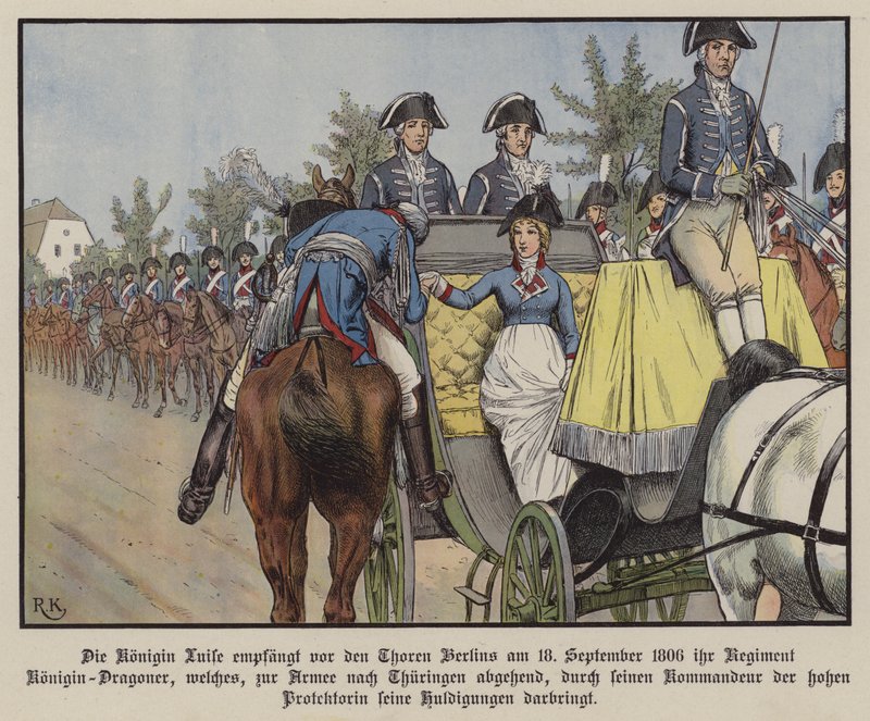 Dronning Louise av Preussen gjennomgår sitt regiment av Dragoons, Berlin av Richard Knotel
