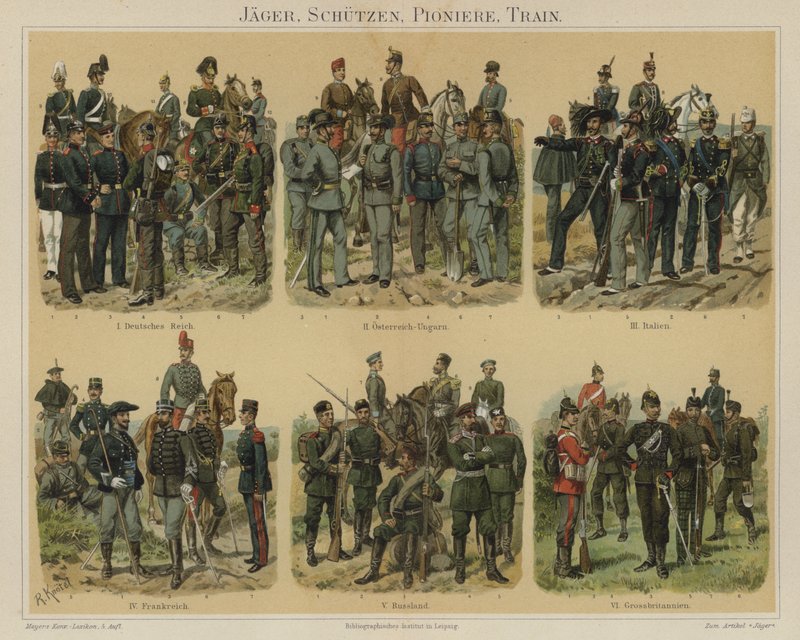 Riflemen, pionerer og forsyningstropper fra europeiske hærer (farge litho) av Richard Knotel