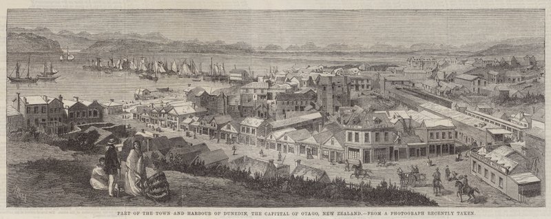 En del av byen og havnen i Dunedin, hovedstaden i Otago, New Zealand av Richard Principal Leitch
