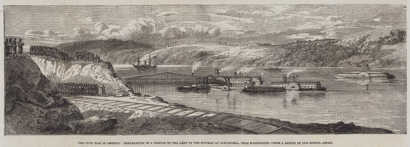 Borgerkrigen i Amerika, ombordstigning av en del av Army of the Potomac i Alexandria, nær Washington av Richard Principal Leitch