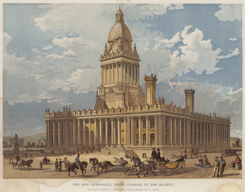 The New Town-Hall, Leeds, åpnet av Hennes Majestet (chromolitho) av Richard Principal Leitch