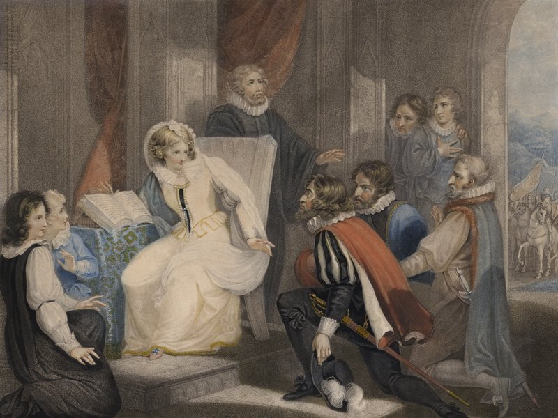 Dronning Elizabeth I mottar nyheten om dødsfallet til søsteren Queen Mary (fargeakvatint) av Richard Westall