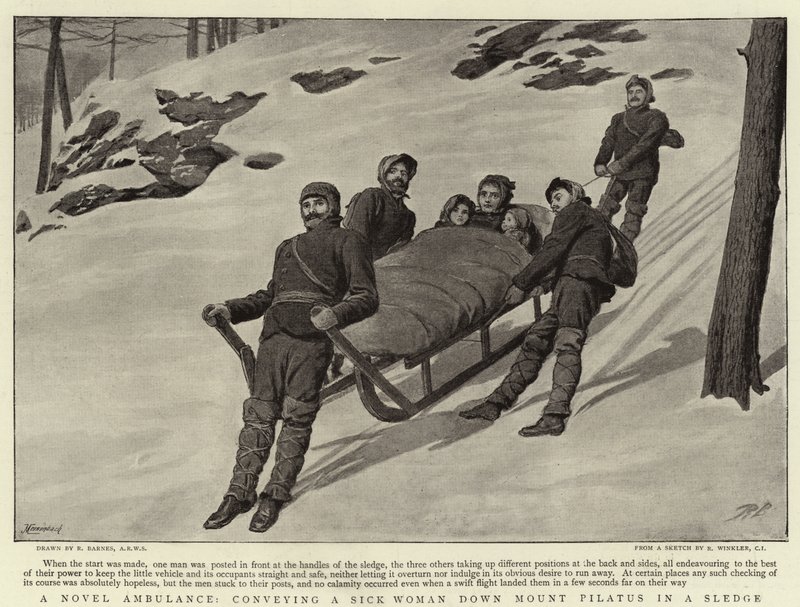 En ny ambulanse som frakter en syk kvinne ned Pilatus-fjellet i en slede av Robert Barnes